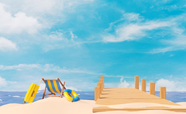 3d木桥在阳光明媚的日子里通往大海，有手提箱，沙滩椅，救生圈，大海，蓝天景观背景。夏季旅游概念，3d渲染插图图片下载