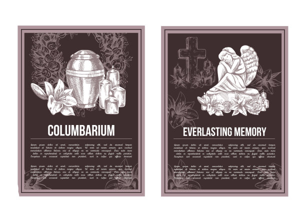 一套手绘矢量葬礼服务横幅。素描插图吊唁卡和广告的骨灰和墓地与骨灰盒，复古墓碑天使，花圈，十字架图片下载