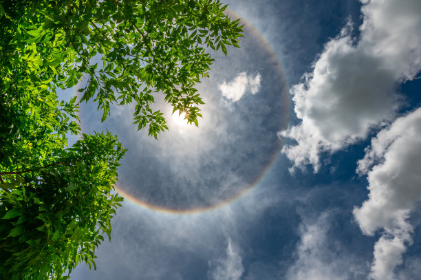 太阳带晕的自然光学现象。正午太阳周围的圆晕是由太阳的光与悬浮在大气中的冰晶相互作用产生的。还有闪光。图片下载