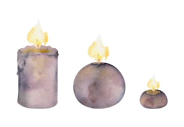 手绘水彩各色蜡烛点燃的火焰。祈愿，球，茶灯，柱子。白色背景上孤立的物体。设计养生度假，印刷，织物，封面，卡片，小册子。图片下载