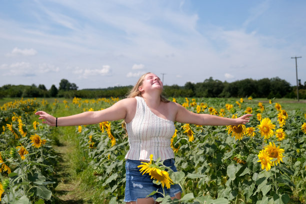 十几岁的女孩站在向日葵地里图片下载