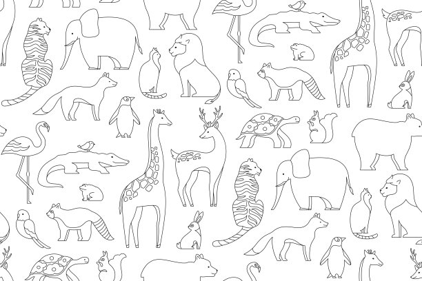 动物涂鸦线性无缝图案无限打印哺乳动物字符重复壁纸背景图片下载