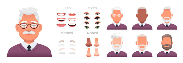 老年男性面部构造器：用于构建男性角色的面部元素图片下载