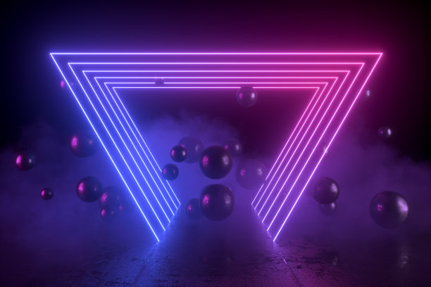 紫外霓虹灯宇宙景观发光led照明展览与烟雾和飞行球体三维抽象背景图片下载