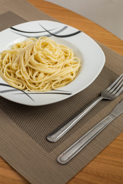 餐桌摆设上桌，自制餐盘用叉子盛着意大利面，装饰居家生活图片下载
