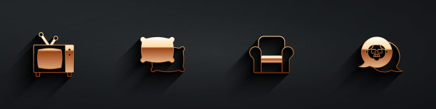 集复古电视，枕头，扶手椅和祖父图标长阴影。向量图片下载