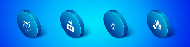 设置等距女巫坩埚，魔法石，手持火和瓶子与药水图标。向量图片下载