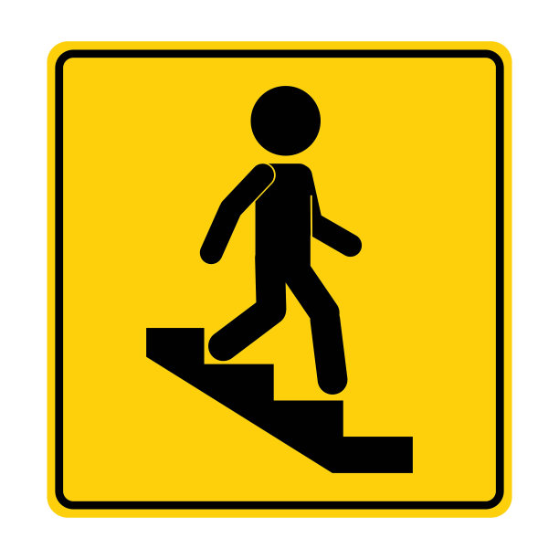隔离可打印标签贴纸矩形方形黄色人走下楼梯或梯子的安全标志，图形资源的安全建筑标志，室内信息标签图片下载