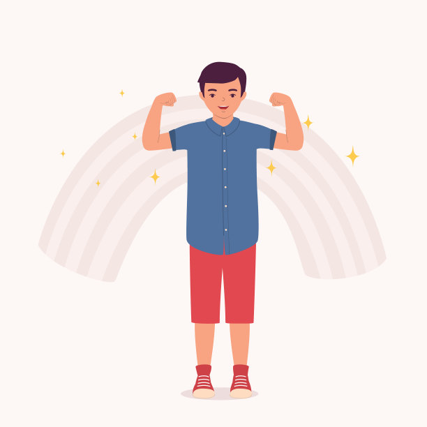 微笑的小男孩弯曲他的肱二头肌。图片下载