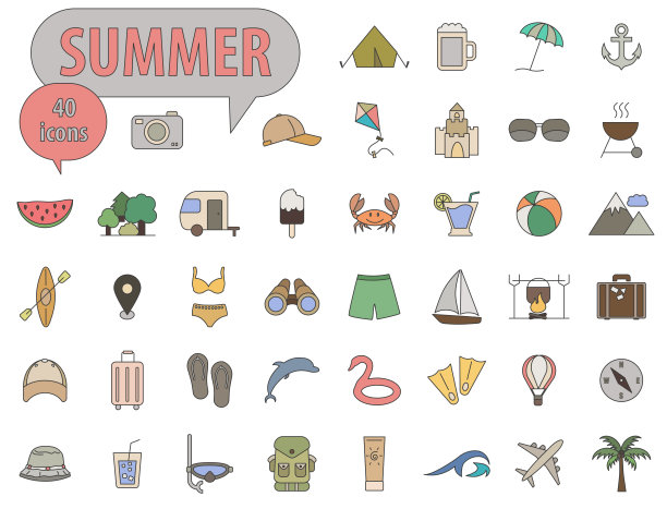 夏天图标。明亮的彩色图标用暗线圈起来。旅游的象征。为web和应用程序设置。图片下载