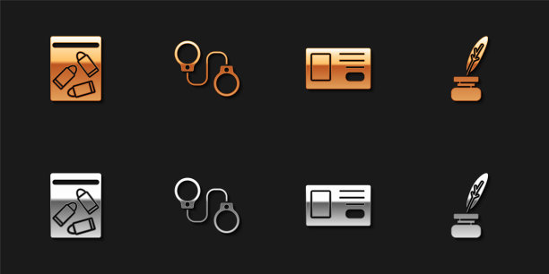 设置证据袋和子弹，手铐，身份徽章和羽毛墨水瓶图标。向量图片下载