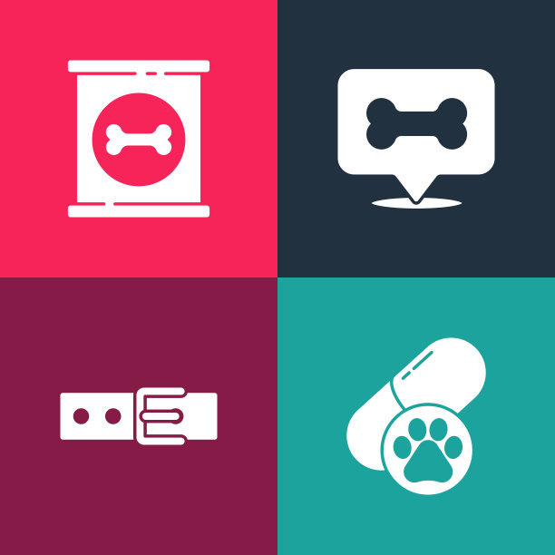 设置流行艺术狗丸，项圈与名牌，骨头和罐头食品图标。向量图片下载