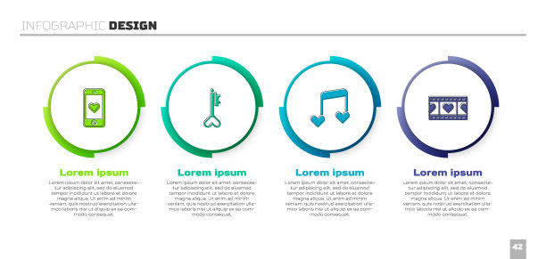设置移动与心脏，关键在形状，音符，音调心脏和播放视频。业务信息图表模板。向量图片下载