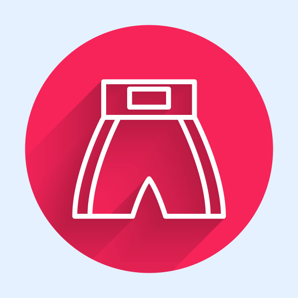 白线拳击短图标与长阴影背景隔离。红色圆圈按钮。向量图片下载