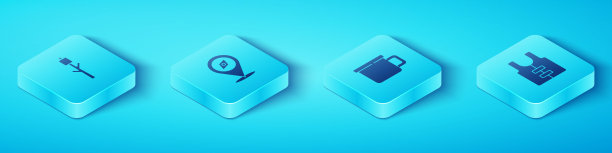 集等距棉花糖棒，指南针，救生衣和露营金属马克杯图标。向量图片下载