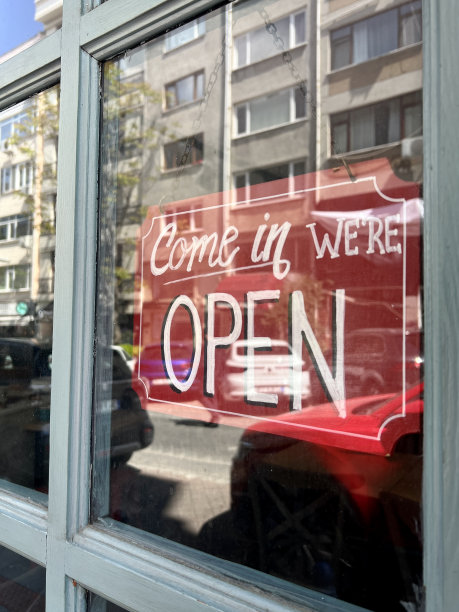 商店橱窗上的打开标志图片下载