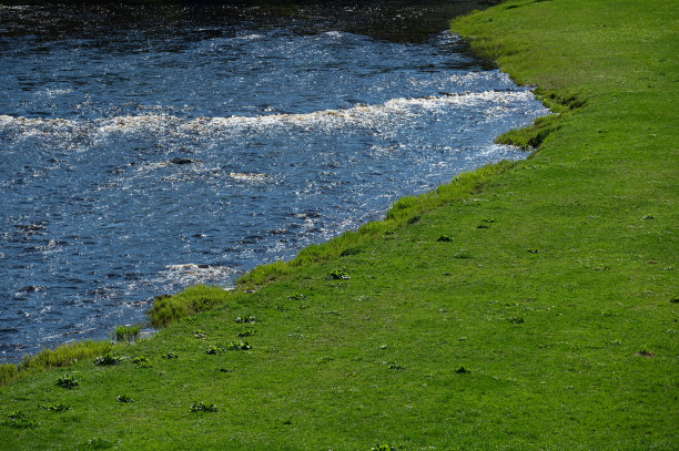 绿草如茵的河岸，横画图片下载