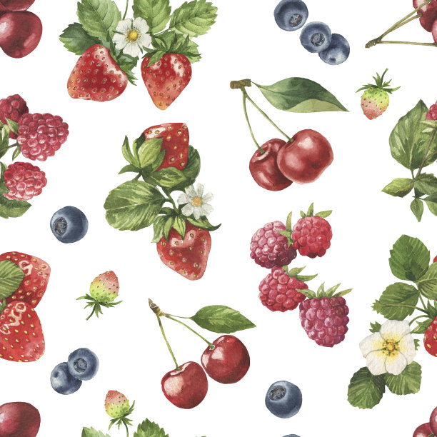 草莓，樱桃，覆盆子，蓝莓水彩插图。无缝模式图片下载