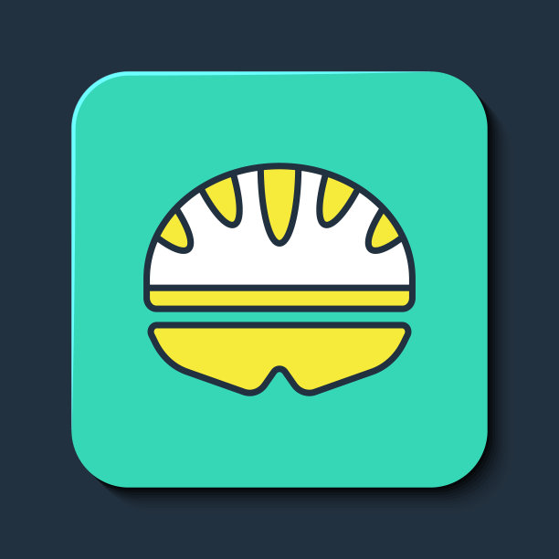 填充轮廓自行车头盔图标孤立的蓝色背景。极限运动。运动设备。绿松石方形纽扣。向量图片下载