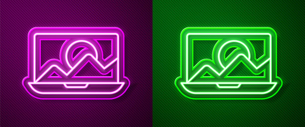 发光的霓虹灯线照片修饰图标孤立的紫色和绿色的背景。摄影师，摄影，润饰图标。向量图片下载