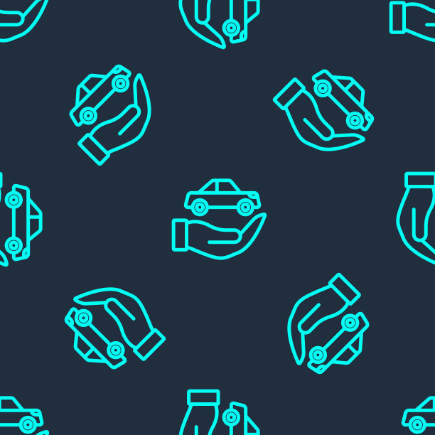 绿线汽车保险图标隔离无缝模式上的蓝色背景。保险的概念。安全、安全、保护、保护的理念。向量图片下载