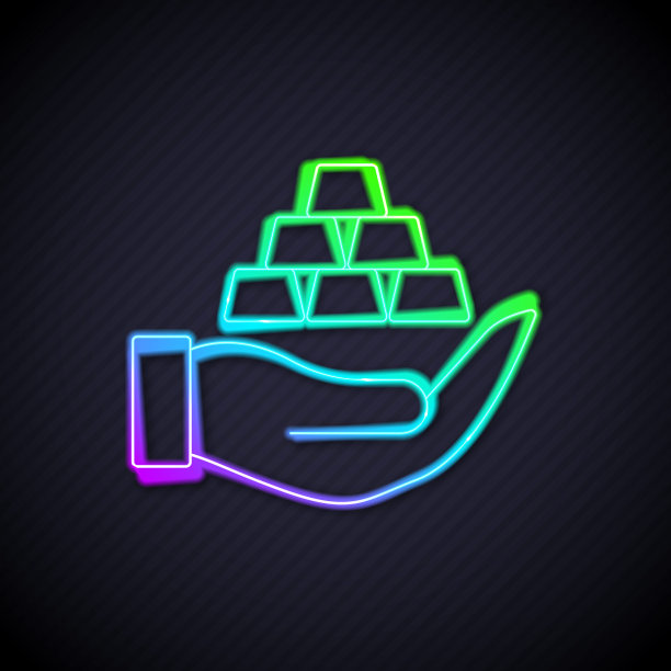 发光的霓虹灯线金条在手图标孤立的黑色背景。银行经营理念。向量图片下载