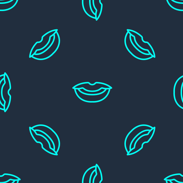 绿线微笑的嘴唇图标隔离无缝图案在蓝色背景。微笑的象征。向量图片下载