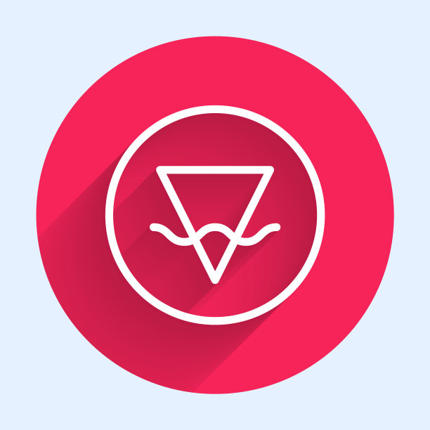 白线大地元素的符号炼金术图标与长阴影背景隔离。基本的神秘元素。红色圆圈按钮。向量图片下载