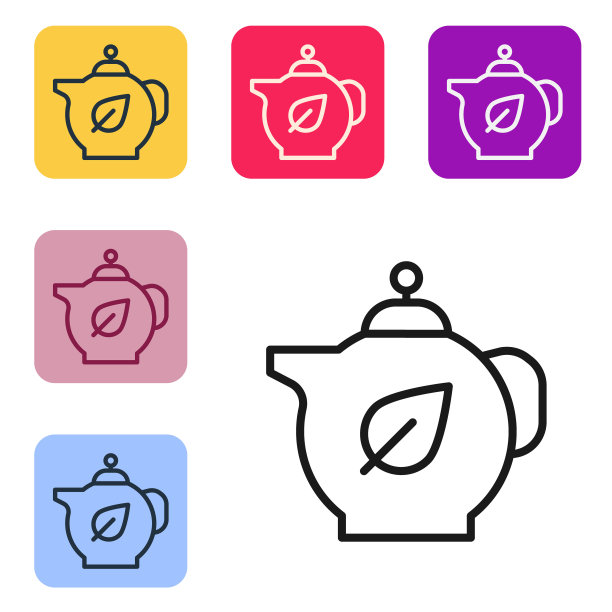 黑线茶壶与叶子图标隔离在白色背景。设置图标为彩色方形按钮。向量图片下载