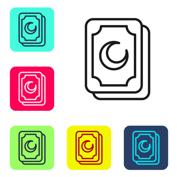 黑线塔罗牌图标隔离在白色背景。魔法神秘的塔罗牌。设置图标为彩色方形按钮。向量图片下载