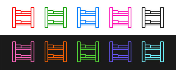 设置线酒店房间床图标孤立的黑色和白色的背景。向量图片下载