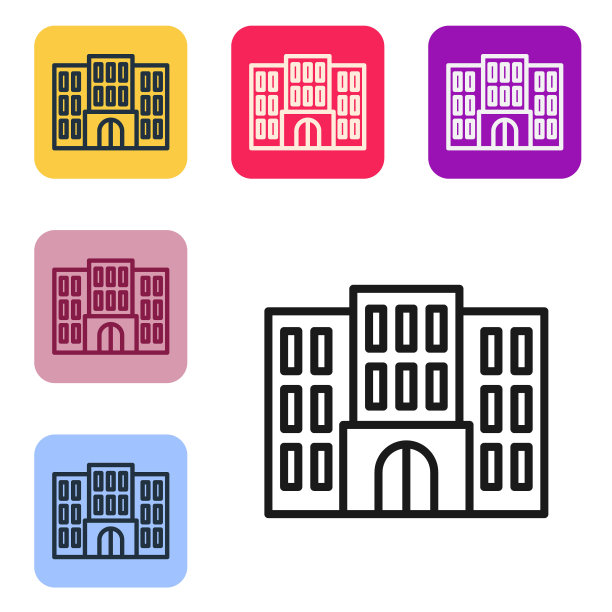酒店建筑图标孤立在白色背景。设置图标为彩色方形按钮。向量图片下载