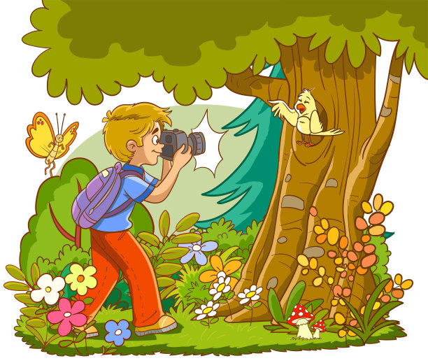 自然摄影师好奇的男孩拍摄鸟类照片矢量插图图片下载