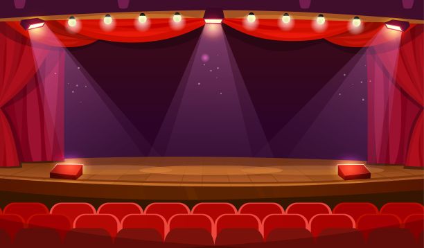 有聚光灯、红色窗帘和座位的剧院舞台。空荡荡的音乐厅图片下载