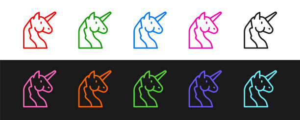 设置线独角兽图标孤立在黑白背景。向量图片下载