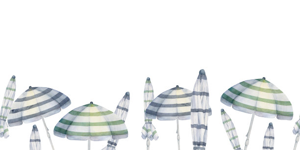手绘水彩条纹沙滩椅和伞。无缝水平横幅。孤立在白色背景上。设计墙面艺术、婚礼、印花、布艺、封面、卡片、旅游、旅游小册子。图片下载