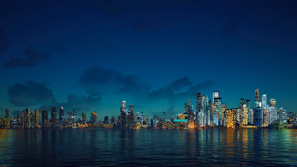 夜晚的城市摩天大楼倒映在水面上图片下载