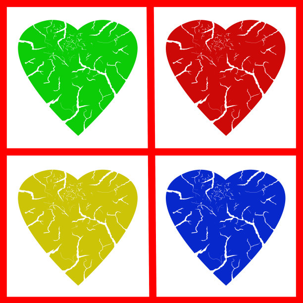 彩色破碎的心在白色的背景上有裂缝。图片下载