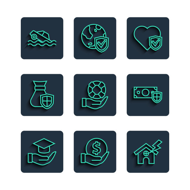 设置线教育补助金，钱与盾，房子和闪电，人寿保险，救生圈手，包，洪水车和图标。向量图片下载