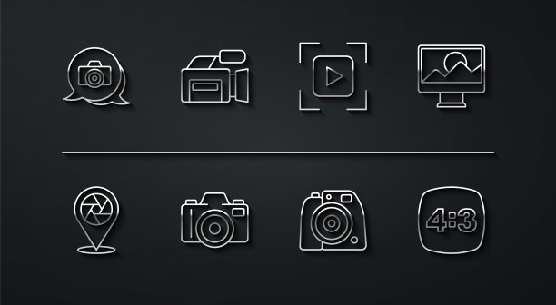 设置线照片相机，相机快门，修图，电影，帧4和焦点线图标。向量图片下载
