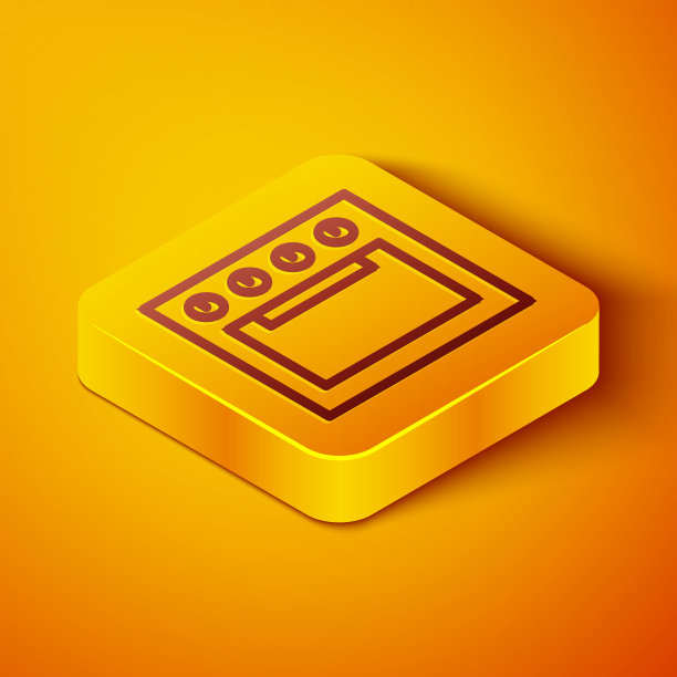 等距线烤箱图标隔离在橙色背景。煤气灶标志。黄色方形按钮。向量图片下载