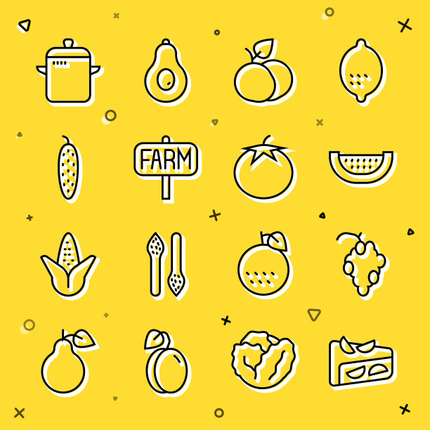 设置线自制水果派，葡萄，西瓜，芒果，位置农场，黄瓜，烹饪锅和番茄图标。向量图片下载