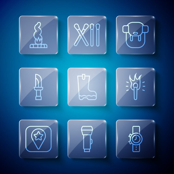 露营，手电筒，腕表，徒步背包，防水橡胶靴，刀，篝火和火炬火焰图标。向量图片下载