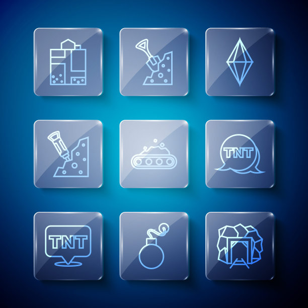 设置线炸药，炸弹，矿井入口，宝石石，传送带运煤，施工手提钻，和图标。向量图片下载