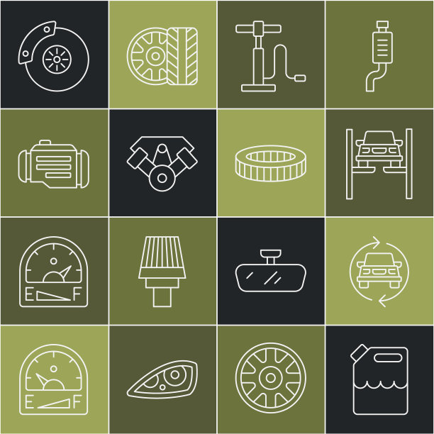 设置汽油罐，汽车服务，维修汽车升降机，泵，动力发动机，检查，制动盘与卡钳和过滤器图标。向量图片下载