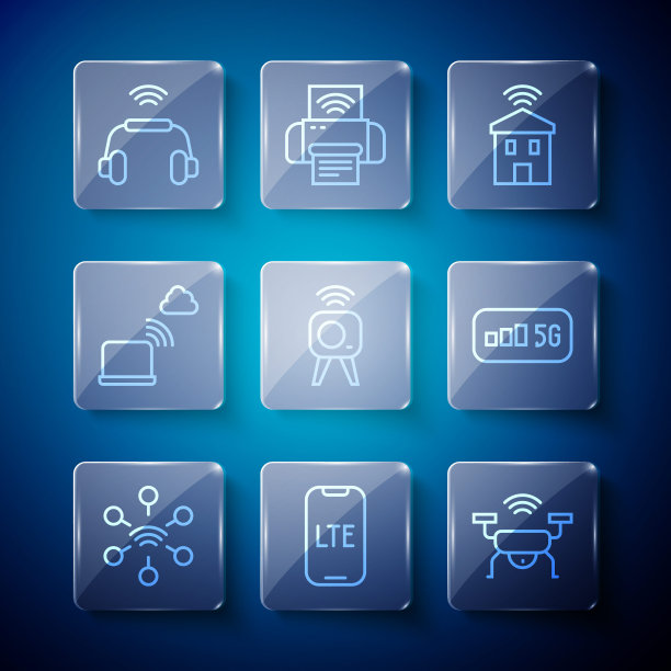 固定线路网络，LTE网络，智能无人机系统，带wi-fi的家庭，网络摄像头，云连接，耳机和5G无线互联网图标。向量图片下载