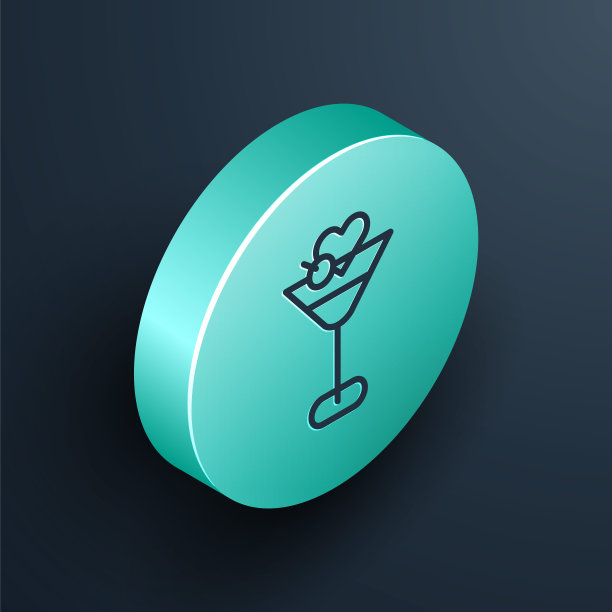等距线马提尼玻璃图标孤立的黑色背景。鸡尾酒图标。酒杯图标。绿松石圆形按钮。向量图片下载