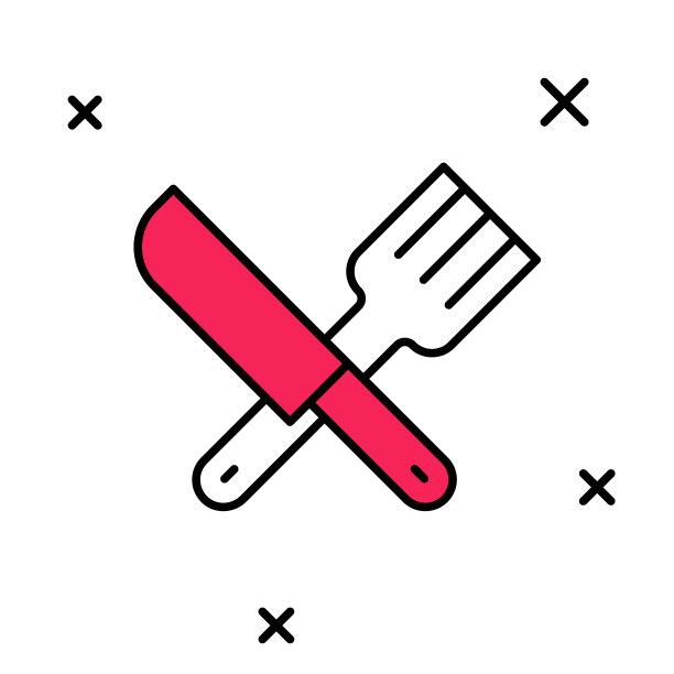 填充轮廓交叉刀和叉图标孤立的白色背景。餐具的象征。向量图片下载