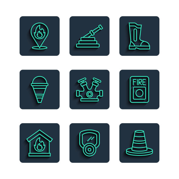 设置线火灾在燃烧的房子，防毒面具，交通锥，靴子，消火栓，桶，位置与火焰和报警系统图标。向量图片下载