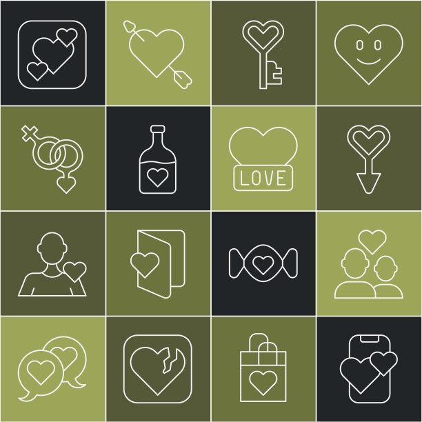 集线约会app在线手机，情侣，女性性别符号，关键心形，瓶子与爱情药水，性别，心脏和图标。向量图片下载